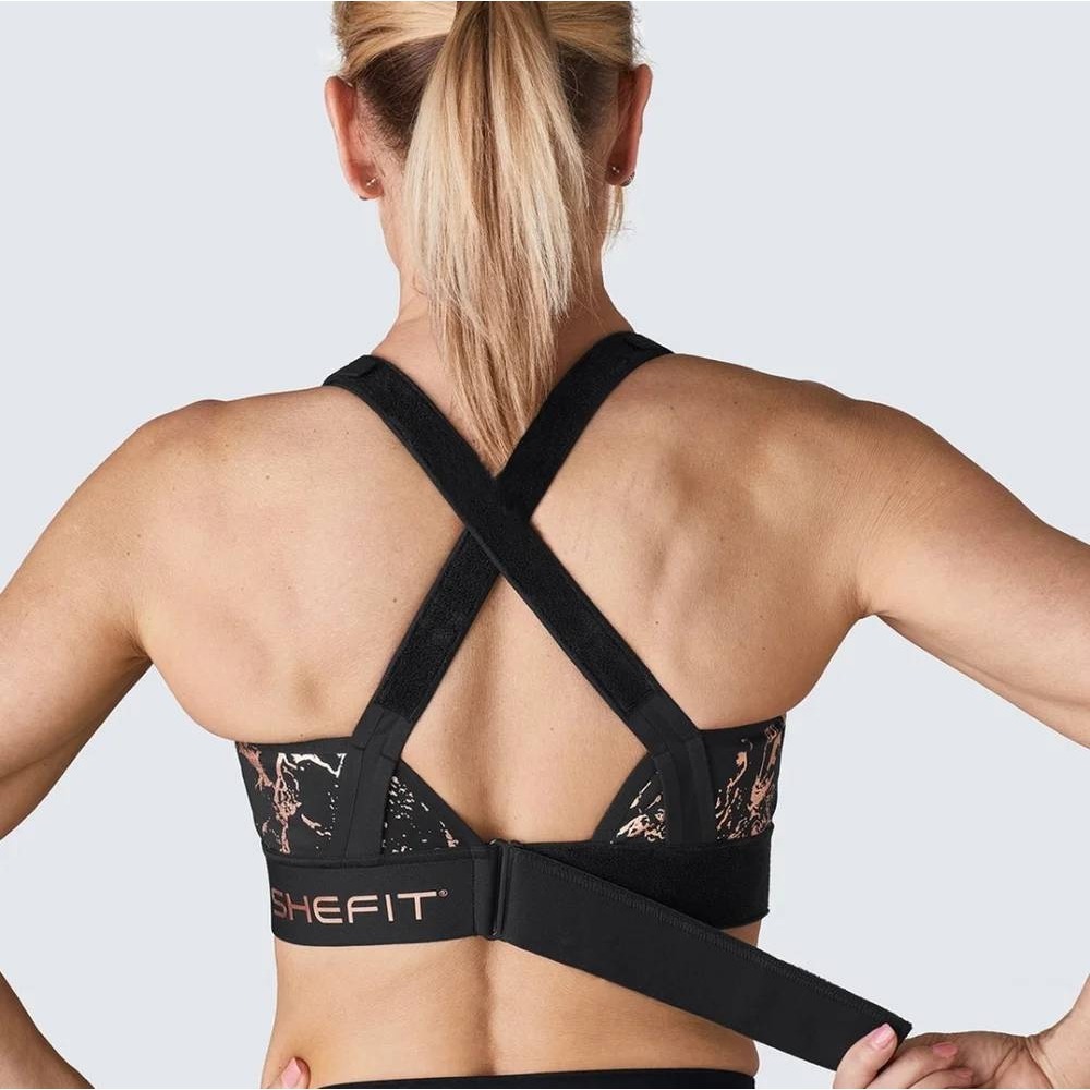 SHEFIT Flex Sports Bra M Black Rose Gold Metallic Marble Print Front Zip - Picture 3 of 10
